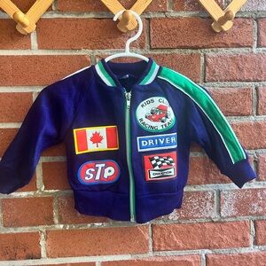 Vintage Baby/Toddler Sweatshirt Zip Up Navy Blue with Puffy Patches Car Racing